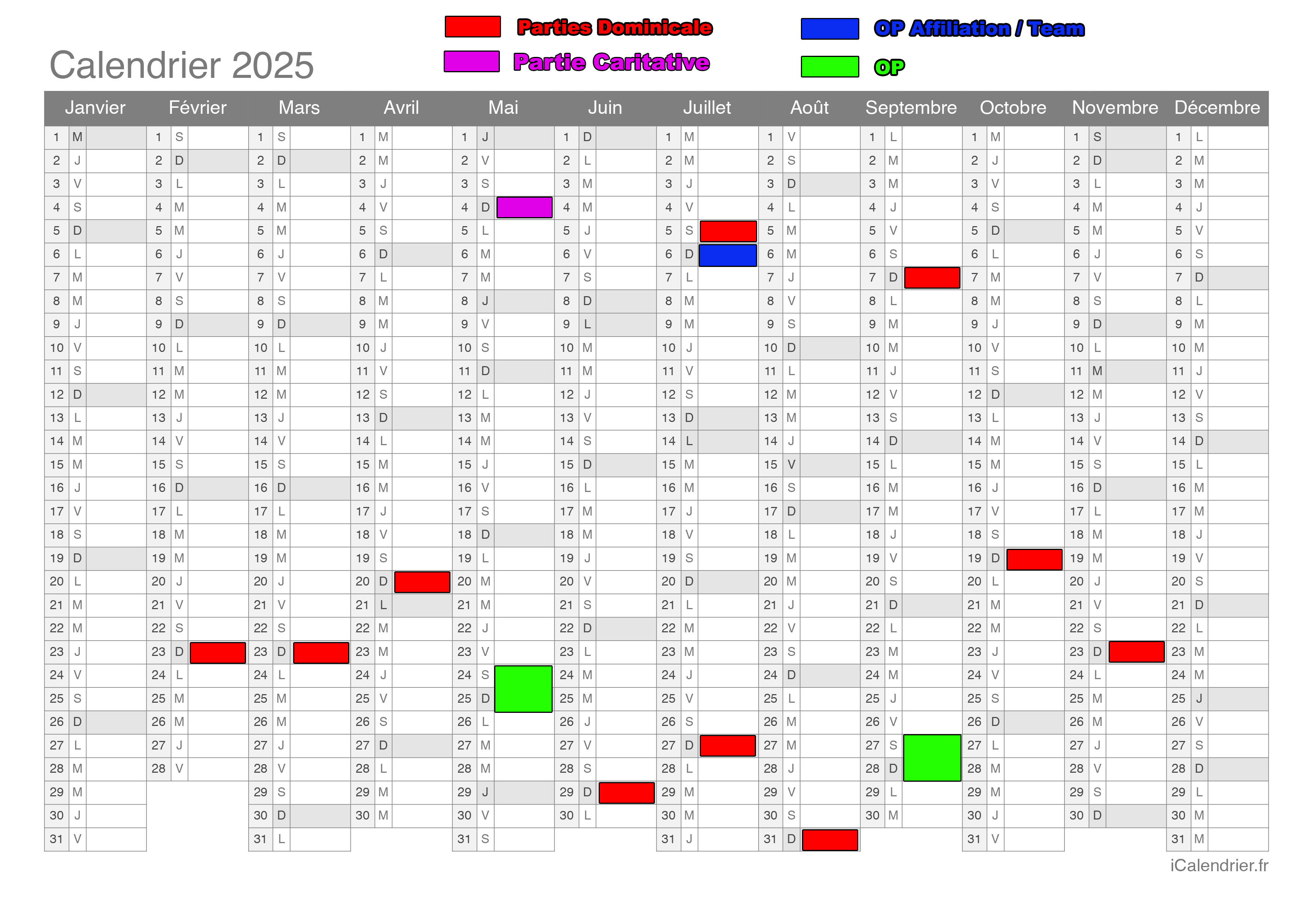 Calendrier des Événements